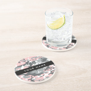 Pink and Gray Camouflage Your name Personalize Coaster