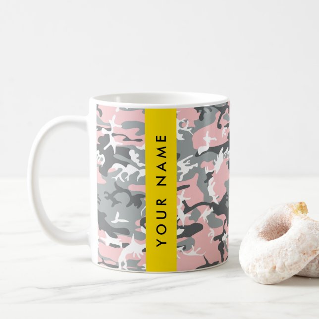 Pink and Gray Camouflage Your name Personalize Coffee Mug (With Donut)