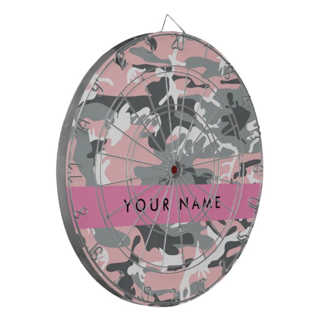 Pink and Gray Camouflage Your name Personalize Dart Board (Front Left)