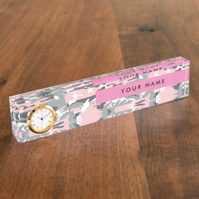 Pink and Gray Camouflage Your name Personalize Desk Name Plate (Side)