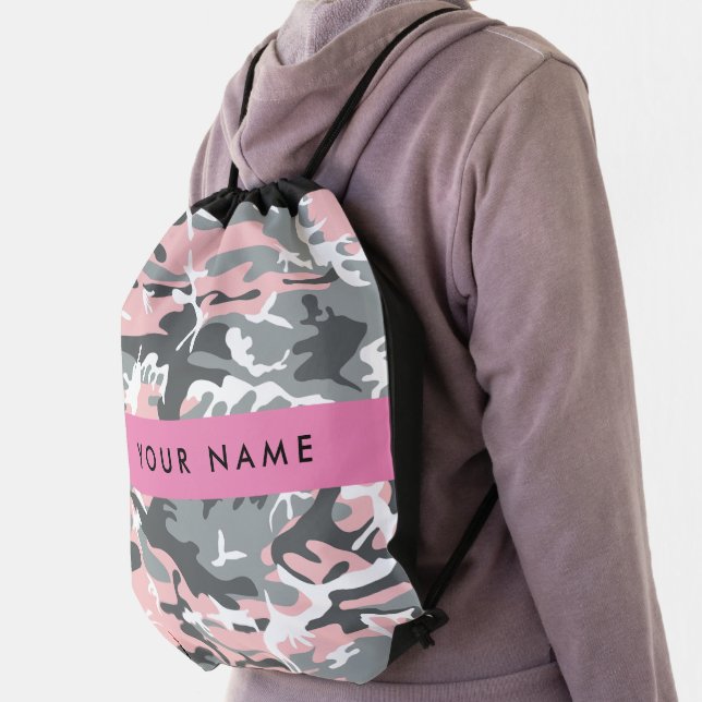 Pink and Gray Camouflage Your name Personalize Drawstring Bag (Insitu)