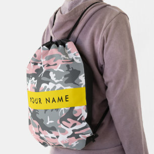 Pink and Gray Camouflage Your name Personalize Drawstring Bag