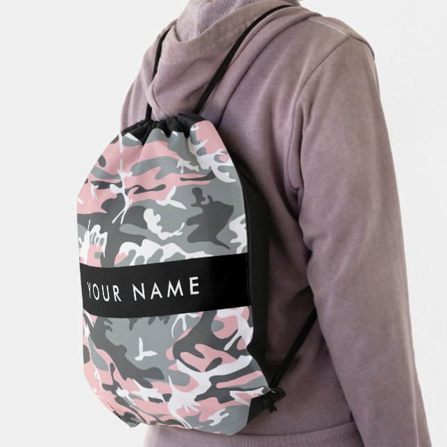 Pink and Gray Camouflage Your name Personalize Drawstring Bag (Insitu)