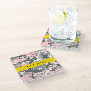 Pink and Gray Camouflage Your name Personalize Glass Coaster