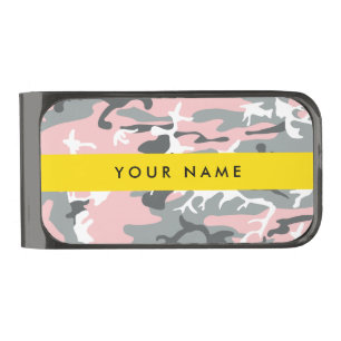 Pink and Gray Camouflage Your name Personalize Gunmetal Finish Money Clip