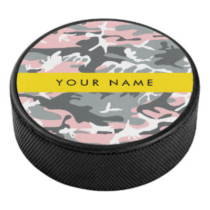 Pink and Gray Camouflage Your name Personalize Hockey Puck
