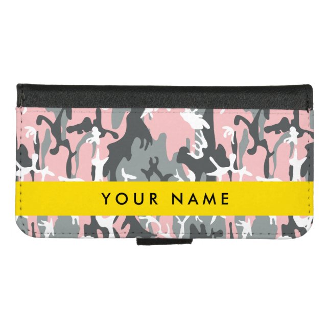 Pink and Gray Camouflage Your name Personalize iPhone Wallet Case (Front (Horizontal))