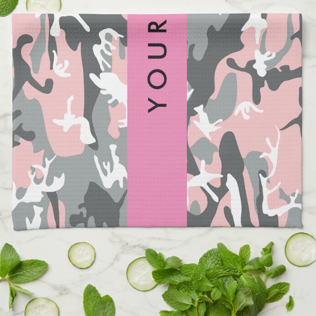 Pink and Gray Camouflage Your name Personalize Kitchen Towel (Folded)