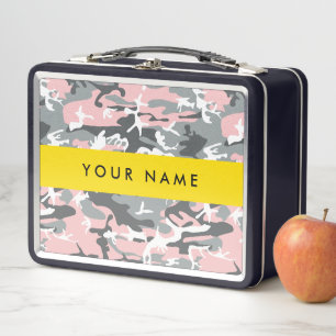 Pink and Gray Camouflage Your name Personalize Metal Lunch Box