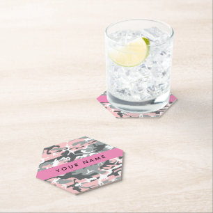 Pink and Gray Camouflage Your name Personalize Paper Coaster