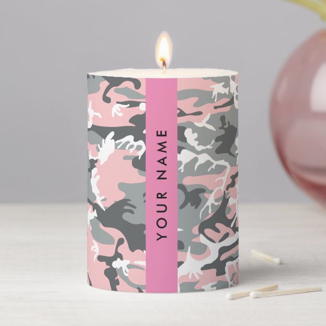 Pink and Gray Camouflage Your name Personalize Pillar Candle (In Situ)
