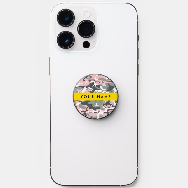 Pink and Gray Camouflage Your name Personalize PopSocket (Front)