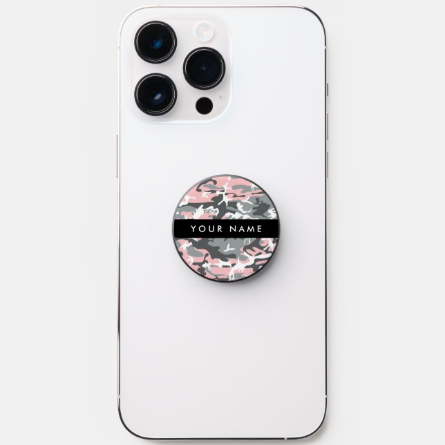 Pink and Gray Camouflage Your name Personalize PopSocket (Front)
