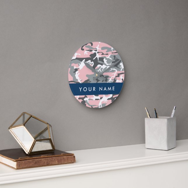 Pink and Gray Camouflage Your name Personalize Round Clock (Office)