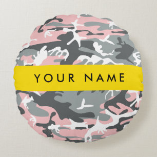 Pink and Gray Camouflage Your name Personalize Round Pillow