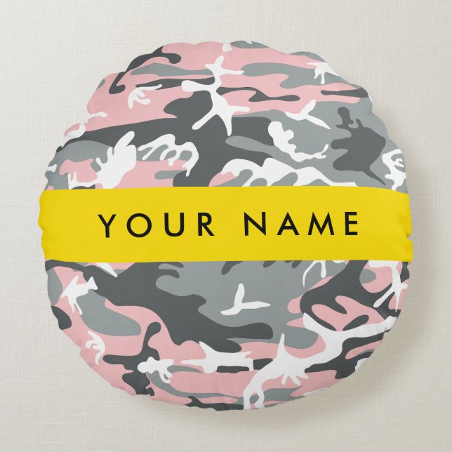 Pink and Gray Camouflage Your name Personalize Round Pillow (Front)