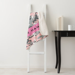 Pink and Gray Camouflage Your name Personalize Sherpa Blanket