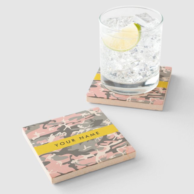 Pink and Gray Camouflage Your name Personalize Stone Coaster (Side)