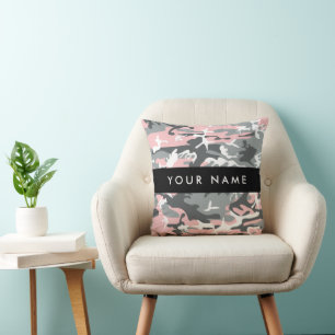 Pink and Gray Camouflage Your name Personalize Throw Pillow