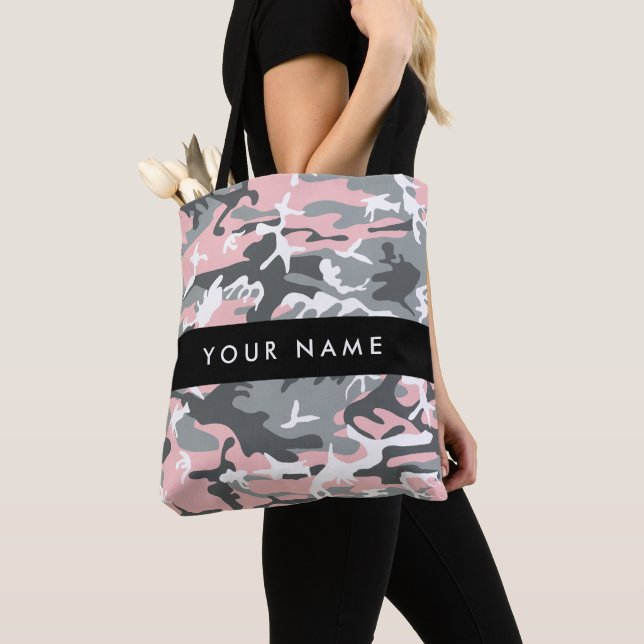 Pink and Gray Camouflage Your name Personalize Tote Bag (Close Up)