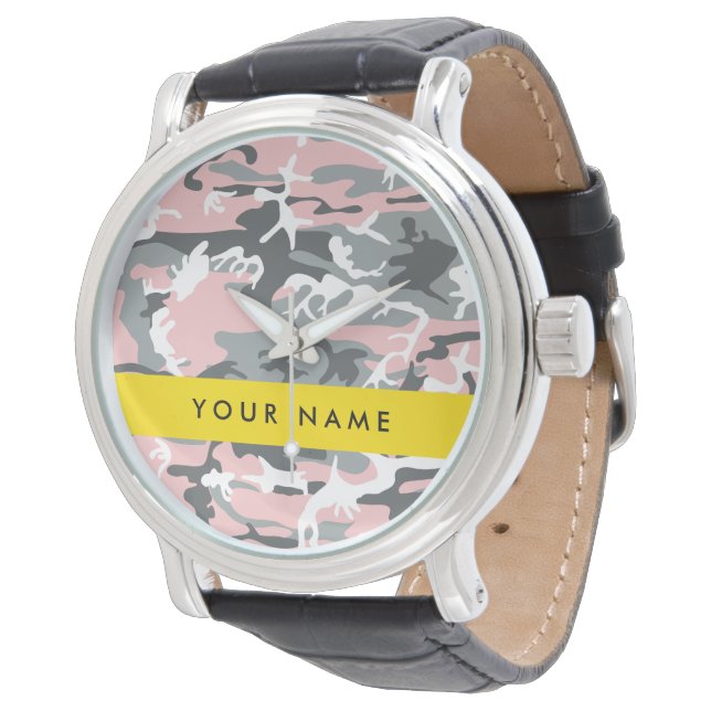 Pink and Gray Camouflage Your name Personalize Watch (Angled)