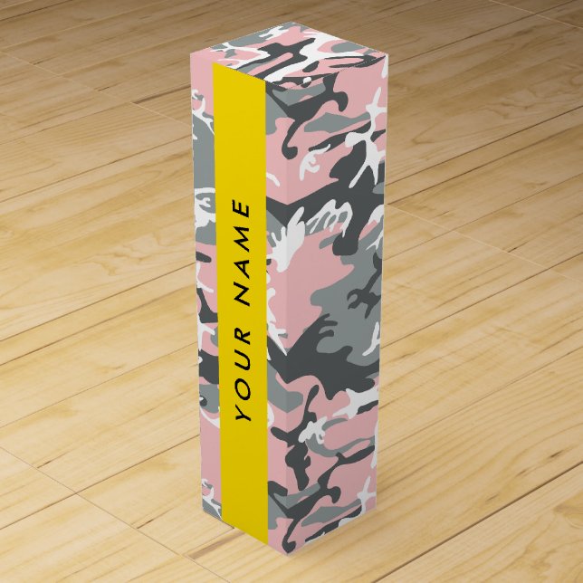 Pink and Gray Camouflage Your name Personalize Wine Box (Front)
