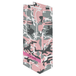 Pink and Gray Camouflage Your name Personalize Wine Gift Bag