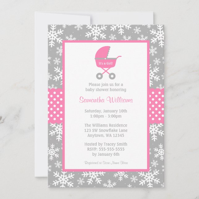 Pink and Gray Carriage Snowflakes Baby Shower Invitation (Front)