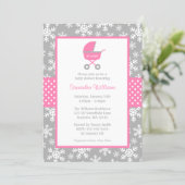 Pink and Gray Carriage Snowflakes Baby Shower Invitation (Standing Front)