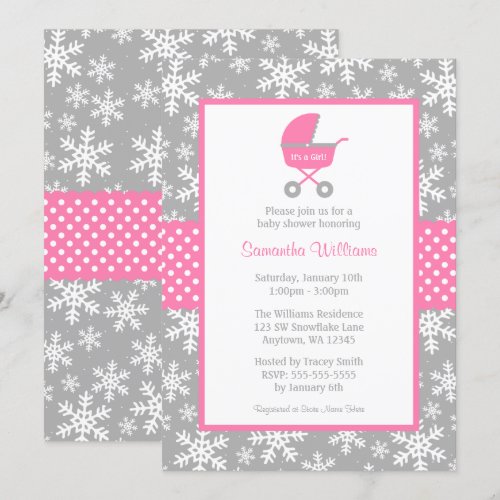 Pink and Gray Carriage Snowflakes Baby Shower Personalized Announcement