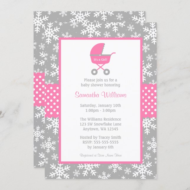 Pink and Gray Carriage Snowflakes Baby Shower Invitation (Front/Back)