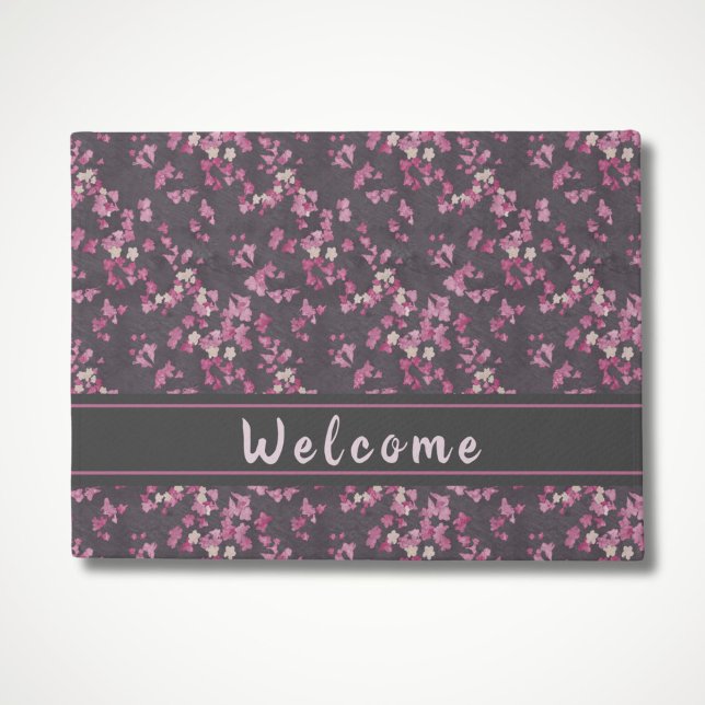 Pink and Gray Cherry Blossom Welcome Doormat (Pink and Dark Gray Cherry Blossoms Welcome Mat for front door)