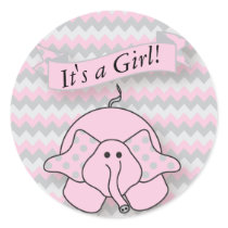 Pink and Gray Chevron Baby Elephant Classic Round Sticker