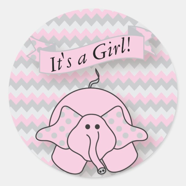 Pink and Gray Chevron Baby Elephant Classic Round Sticker (Front)