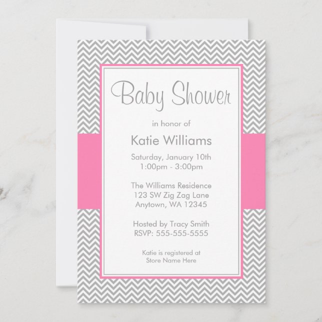 Pink and Gray Chevron Baby Shower Invitations (Front)
