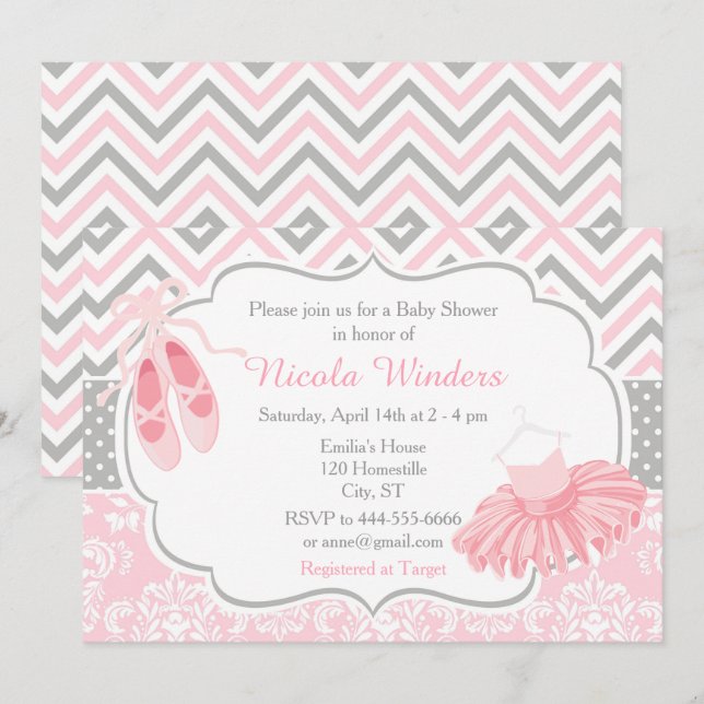 Pink and Gray Chevron Ballerina Baby Shower Invitation (Front/Back)