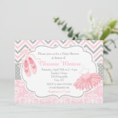 Pink and Gray Chevron Ballerina Baby Shower Invitation (Standing Front)