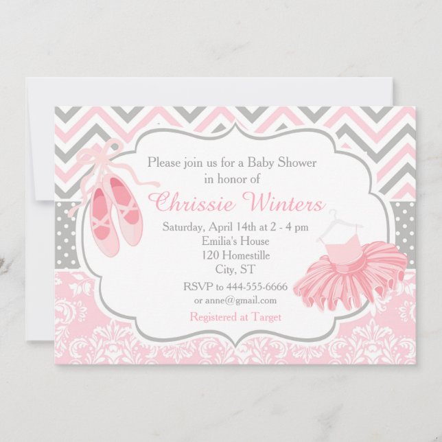 Pink and Gray Chevron Ballerina Baby Shower Invitation (Front)