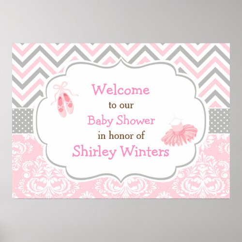 Pink and Gray Chevron Ballerina Baby Shower Poster