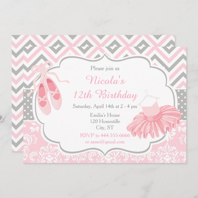 Pink and Gray Chevron Ballerina Birthday Invitation (Front/Back)
