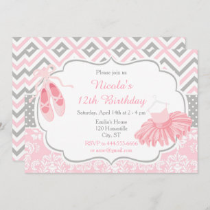 Pink and Gray Chevron Ballerina Birthday Invitation