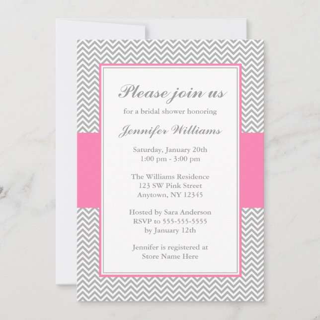 Pink and Gray Chevron Bridal Shower Invitation (Front)