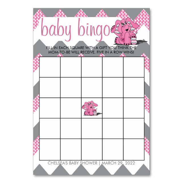 Pink and Gray Chevron Elephant Baby Shower Bingo Table Number (Front)