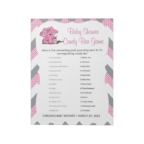 Pink and Gray Chevron Elephant Baby Shower Game 2 Notepad