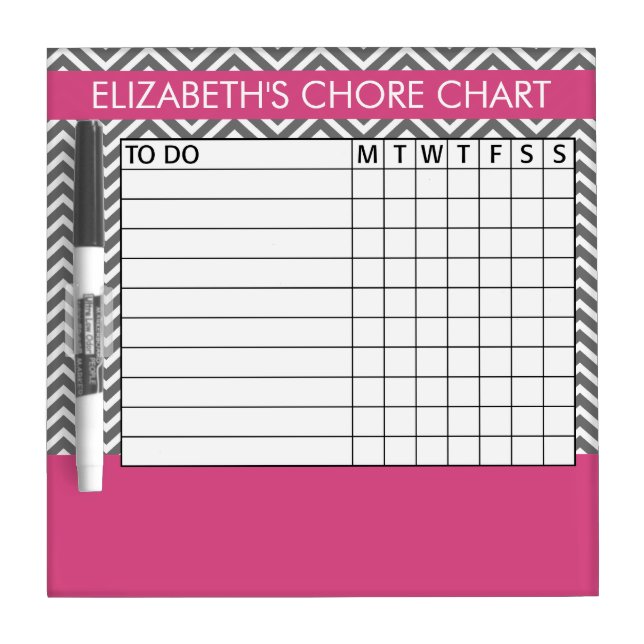 Pink and Gray Chevron Pattern Chore Chart Dry Erase Board (Front)