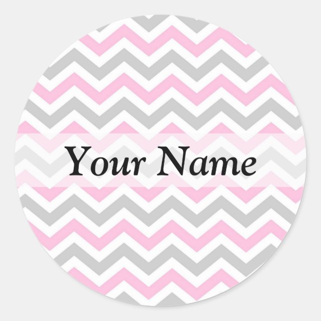 Pink and gray chevron pattern classic round sticker (Front)