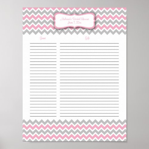 Pink and Gray Chevron Shower Gift List Poster