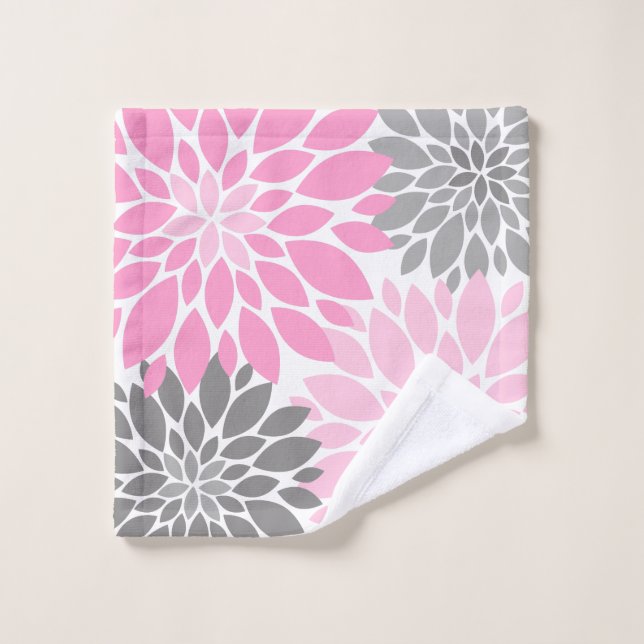 Pink and Gray Chrysanthemums Floral Pattern Bath Towel Set (Wash Cloth)
