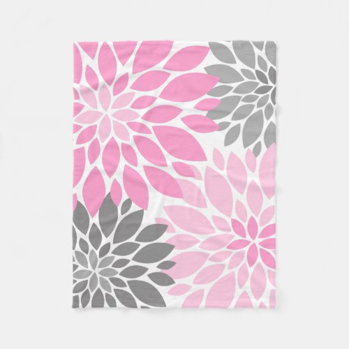 Pink and Gray Chrysanthemums Floral Pattern Fleece Blanket