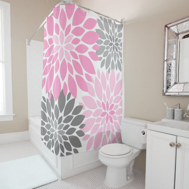 Pink and Gray Chrysanthemums Floral Pattern Shower Curtain (In Situ)